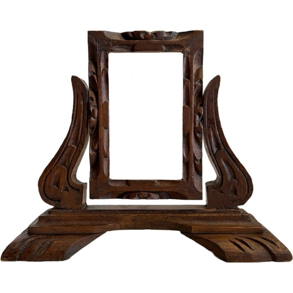 Antique Swedish Shaving Mirror: Turned Wood Swivel Stand  Antique Carved Wood Vanity Dresser Swivel Mirror Picture Frame Only Hand Made